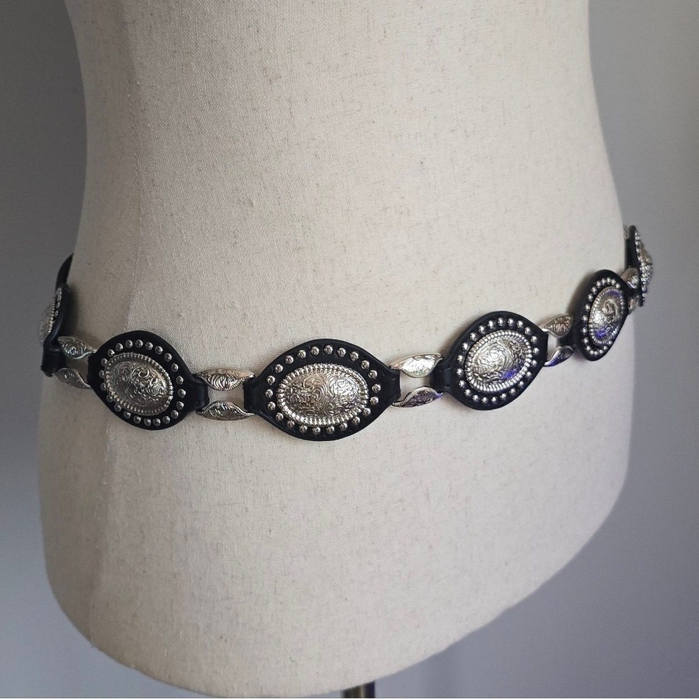 Haute Hippie New Black Silver Concho Vegan Leather Western Statement Belt XL - Picture 2 of 6